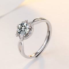 Four Prongs Round Zircon with Six Flower Split Shank Silver Ring for Women
