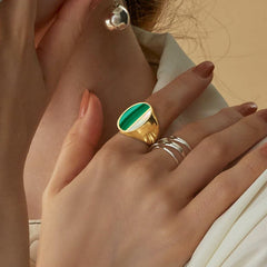 Malachite and Mother of Pearl Exaggerated Oval Shape Sterling Silver Ring