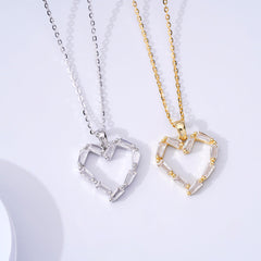 Hollow Zircon Heart Shape Pendant Silver Necklace