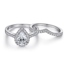 Pear Drop Zircon Soleste Halo with V-shaped Silver Ring Set