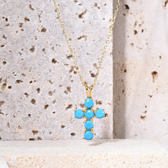 Exquisite Temperament Style Inlaid Synthetic Turquoise Cross Pendant Plated Gold Silver Necklace for Women