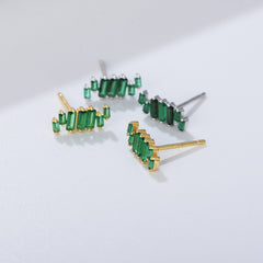 Irregular Arrangement Rectangular Green Zircon Silver Studs Earrings for Women