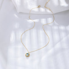 Retro Natural Sky Blue Topaz Soleste Halo Silver Necklace for Women