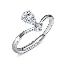 Pear Drop and Round Zircon V-Shape Silver Ring