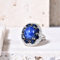 European and American Design Luxury Six Starlight Inlaid Sapphire Soleste Halo Silver Ring for Women