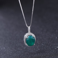 Europen Simple Fashion Style Inlaid Natural Green Agate Soleste Halo Oval Shape Pendant Silver Necklace for Women