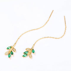 Green Zircon Olive Branch Leaf Pendant Sterling Silver Ear Line Earrings