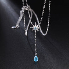 French Romantic Luxury Creative Design Inlaid Natural Topaz Star with Pear Drop Pendant Necklace for Women
