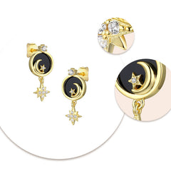 Circle Black Agate Moon Stars with Zircon Silver Drop Earrings for Women