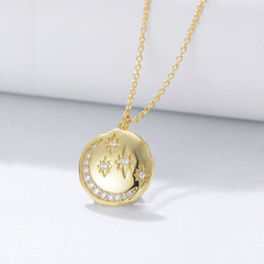 Star Moon with Zircon Circle Pendant Silver Necklace for Women