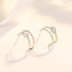 Double Layers C Shape Beading with Round Zircon Silver Studs Earrings for Women