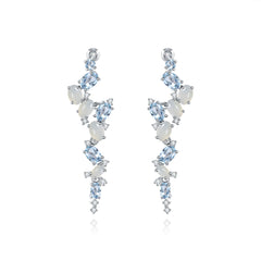 French Romantic Style Inlaid Colourful Gemstones Long Beading Silver Drop Earrings for Women