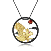 Chinese Style Element Design Zodiac Series Pig Natural Gemstone Pendant Silver Necklace for Women