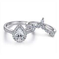 Water Drop Zircon Soleste Halo with V-shape Silver Ring Set