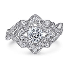 Exaggerated Round Zircon Clover Cathedral Silver Ring for Women