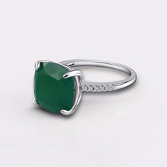 Natural Green Agate Square Four Prongs Solitaire Sterling Silver Ring for Women