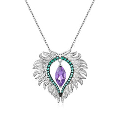 Luxury Design Inlaid Natural Colorful Gemstone Angel Wings Pendant Silver Necklace for Women