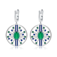 Luxury Fashion Design Inlaid Green Agate Circle Sterling Silver Drop Earrings for Women