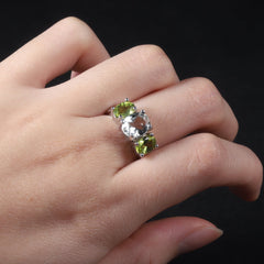 Natural Green Crystal Three Stones Silver Ring for Women