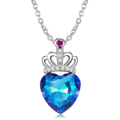 Blue Heart Shape Crystal Crown Silver Necklace