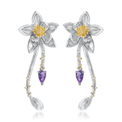 Premium Natural Colourful Gemstone Flower Shape Design Silver Earrings for Women