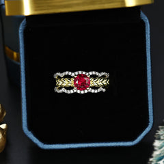 Red Zircon Wheat Ear Leaf with Wave Shape Three-in-one Silver Ring Set