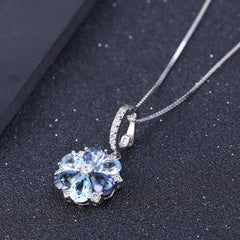 Luxury Fashion Temperament Style Inlaid Natural Colourful Gemstones Flower Pendant Silver Collarbone Necklace for Women
