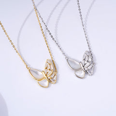 White Mother of Pearl Zircon Butterfly Silver Necklace
