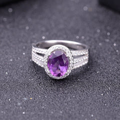 Natural Amethyst Court Style Oval Soleste Halo Modern Split Shank Silver Ring for Women