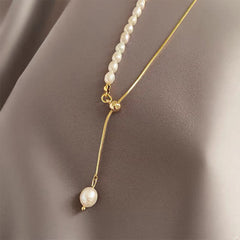 Two Colours - Freshwater Pearls - Half Pearls Silver Collarbone Necklace for Women