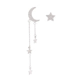 Zircon Star Moon Tassels Asymmetric Silver Drop Earrings for Women