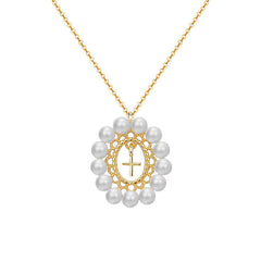 Pearl Circle with Cross Pendant Silver Necklace for Women