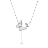 Zircon and Pearl Double Butterflies Tassel Silver Necklace