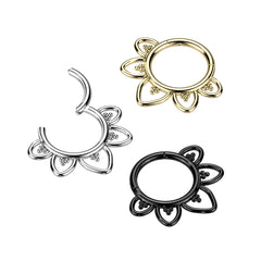 Titanium Black PVD Tribal Flower Shaped Hinged Septum Daith Clicker Hoop