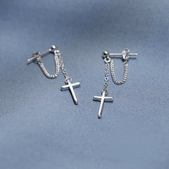 Cross with chain silver drop earrings for women