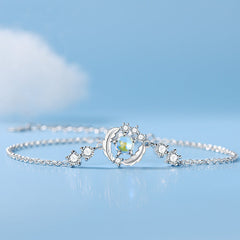 Feather Circle Glaze Stone Silver Bracelet for Women