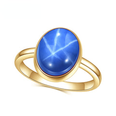 Luxury Six Ray Star Gold Colour Inlaid Red and Sapphire Oval Shape Jewelry Silver Ring for Women