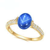 Luxury Six Ray Star Gold Colour Inlaid Red and Sapphire Oval Shape Jewelry S925 Silver Ring for Women
