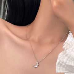 Mother of Pearl Moon with Zircon Star Pendant Silver Necklace for Women