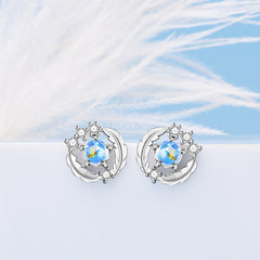 Blue Crystal Feather Circle Silver Studs Earrings for Women