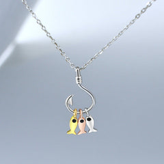 Fishhook with Small Fish Pendant Silver Necklace for Women