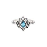 Pear Shape Blue Zircon Lotus Opening Sterling Silver Ring