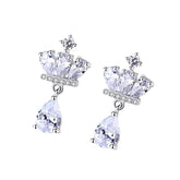 Crown with Pear Drop Zircon Silver Drop Earrings for Women