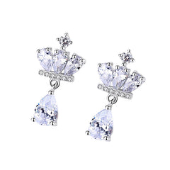 Crown with Pear Drop Zircon Silver Drop Earrings for Women