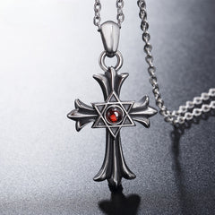 Six Pointed Star Cross Flower Crystal Titanium Necklace for Men