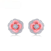 Zircon Red Camellia Flower Sterling Silver Stud Earrings