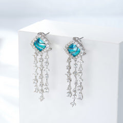 Blue Enamel Zircon Tassels Drop Earrings