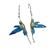 Blue Enamel Bird Silver Hook Earrings
