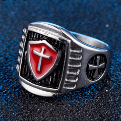 Red Knights Shield Latin Cross Titanium Steel Ring for Men