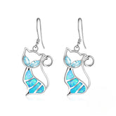Blue Opal Marquise Shape Blue Zircon Cute Cat Pendant Sterling Silver Drop Earrings